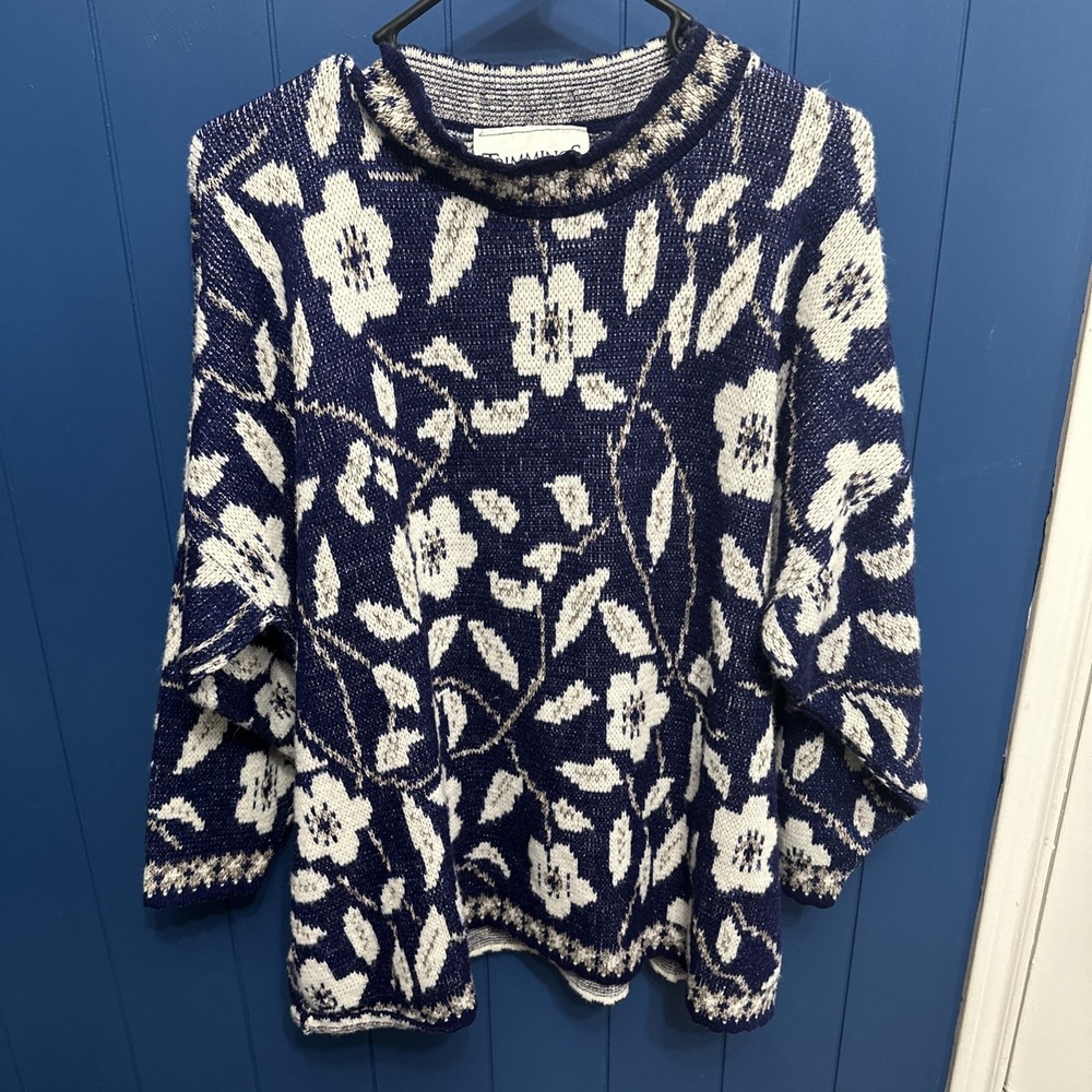 Trimmings Vintage Not Ugly Christmas Blue Floral Metallic Knit Sweater Sz 24W